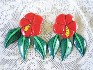 Red Hibiscus Flower Dangling Leaf Earrings