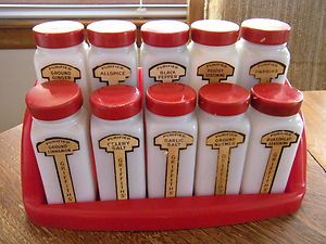 Vintage Griffith Laboratories Milk Glass Set of 10 Spice Jars and Rack