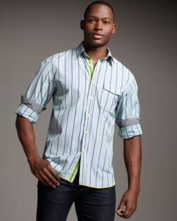 Arnold Zimberg Striped Woven Shirt, Green Purple   Neiman Marcus