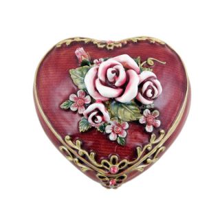 Victorian Pink Rose Heart Shaped Trinket Jewelry Box Burgundy Red 3