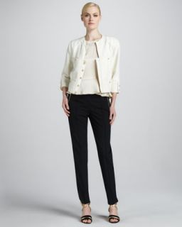 44UC Magaschoni Tweed Jacket, Silk Peplum Blouse, Zip Pocket Pants