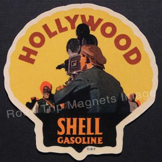 SHELL GASOLINE HOLLYWOOD (CA) 1920s TRAVEL DECAL MAGNET Movie Camera