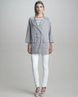 Armani Collezioni Snap Front Cocoon Jacket, Striped Tee & White Jeans