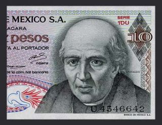 10 Pesos Banknote Mexico 1975 1DU Miguel Hidalgo Church Bell Pick 63