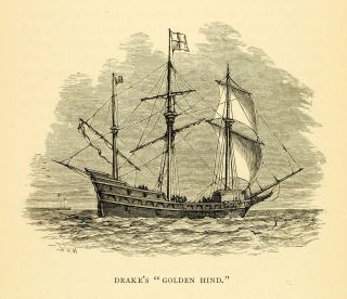  Engraving Francis Drake Golden Hind Strait Magellan Christopher Hatton