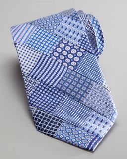 Patchwork Woven Silk Tie, Navy/White