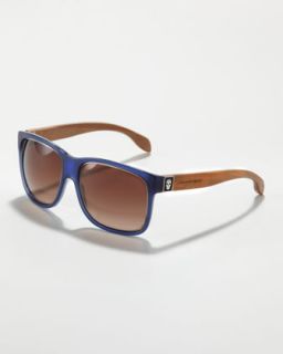Alexander McQueen Wooden Arm Square Sunglasses, Blue   