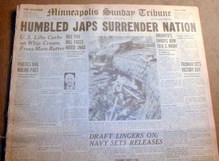 1945 WWII Headline Newspaper Japan Signs Formal Surrender on US