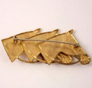Vintage Triple Horseheads Figural Pin Brooch Gold Finish