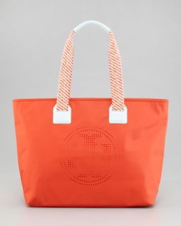 V1G5D Tory Burch Perforated Logo East West Nylon Tote Bag, Red