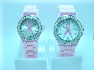 New Jelly Watch Geneva Pink Silicone Rhinestone Breast Cancer Watch