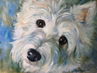 Sparrow Westie West Highland Terrier Dog White Puppy Ball Oil Portrait
