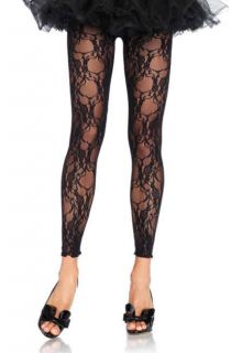  Black Floral Lace Footless Nylon One Size Legging Hosiery