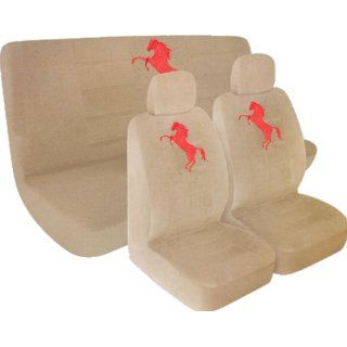 6pc Tan Low Back Seat Covers and Bench Cover with Red Mustang Horse