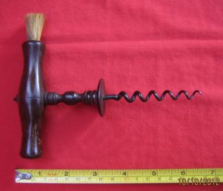 Antique Henshall Button Type Corkscrew Hard Wood Handle with Brush