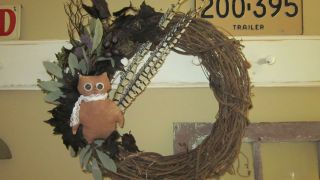 Primitive Owl Wreath with Black Feathers Great for Year Round Display