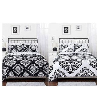 Black White Damask Reversible Queen Comforter Set: Home