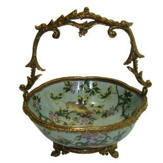 PORCELAIN BOWL WITH SOLID BRASS ACCENTS AND BIRD MOTIF