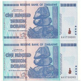 Two Sequential CU 2008 Zimbabwe 100 Trillion Dollars
