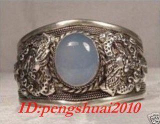  old Tibet silver moonstone carved dragon jewelry mans cuff bracelet