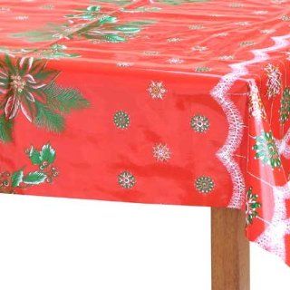 Vintage Poinsettia Oilcloth Table Cloth   Red (48 x 84