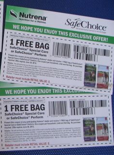 Two Nutrena Safechoice Horse Feed Coupons