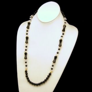 Vintage Long Necklace Black Hourglass Round Clear Glass Beads Nuggets