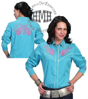 PL 759 Scully Western Cowgirl Shirt Pink Guns Embroidery Blue Medium