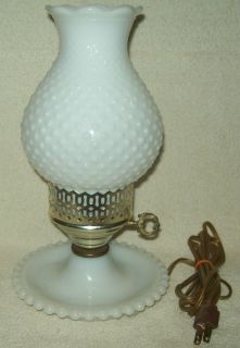Vintage Hobnail Milk Glass Hurricane Table Lamp w Scalloped Edge Shade