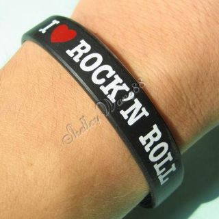 Silicone Black Rubber Bangle Elastic Belt Bracelet I Love RockN Roll