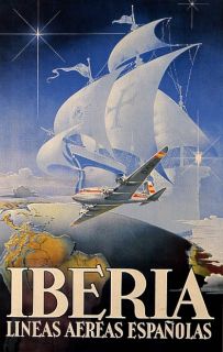 IBERIA AIRPLANE SPAIN EUROPE BOAT FLY EARTH GLOBE VINTAGE POSTER REPRO