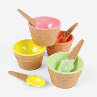Lot of 4 CUTE Ice Cream Social Waffle Cone Bowls with matching Spoon