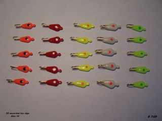 25 Tear Drop Ice Fishing Jigs Assorted Colors Size 10 Gold Hooks