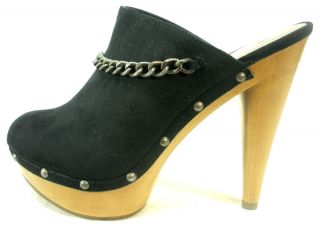 New Elle Ilona Black Platform Wood Clog Chain Shoes 6 5