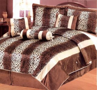  Pcs Leopard Pattern Microfiber Comforter Set Bed In A Bag Queen Brown