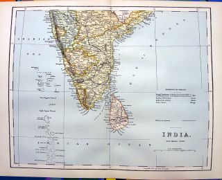 RARE 1876 Antique Color Map of Southern India Ceylon