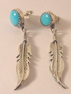 VTG 1940 S NAVAJO INDIAN FEATHER BLUE TURQUOISE STONE STERLING SILVER