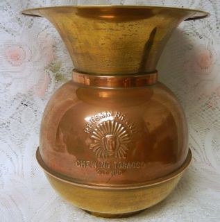 Vintage Brass Indian Redskin Brand Chewing Tobacco Cut Plug Spittoon