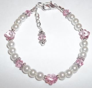 Newborn/Baby Bracelet Pink Swarovski Flower, Pearl & Sterling Silver