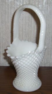 White English Hobnail Depression Glass Handled Basket Milk Glass