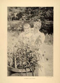 1896 Irving Wiles Sunshine Flowers Mother Child Garden Original