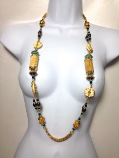   LARRY VRBA ART DECO TURQUOISE WOOD ONYX ROPE CHAIN NECKLACE PENDANT