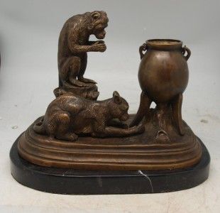 Large French Bronze Sculpture Monkey Cat and Cauldron Signed Bonheur 6