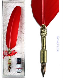 Bright Red Italian Feather Quill Pen with Ink Set