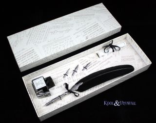 Deluxe Black Italian Feather Quill Pen and Ink Holder Set with Nibs