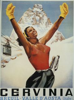 ITALY Lady Ski Cervinia Valley Aosta Travel Large Vintage Poster Repro