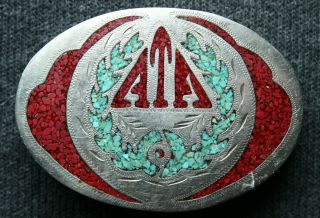 Vtg Hand Crafted by R B Turquoise Coral Inlay German Silver Western