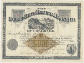 1882 Stock South Side Milling Mining Co Lake County Colorado Leadville