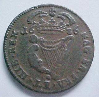 Ireland James II Very Early ½ Penny Dated 1686 Harp Crown Very Nice