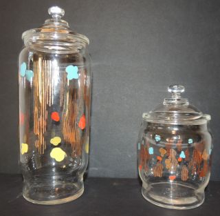   Set of Two Painted Apothecary EAMES ERA Glass Jar Jars with Lid Lids